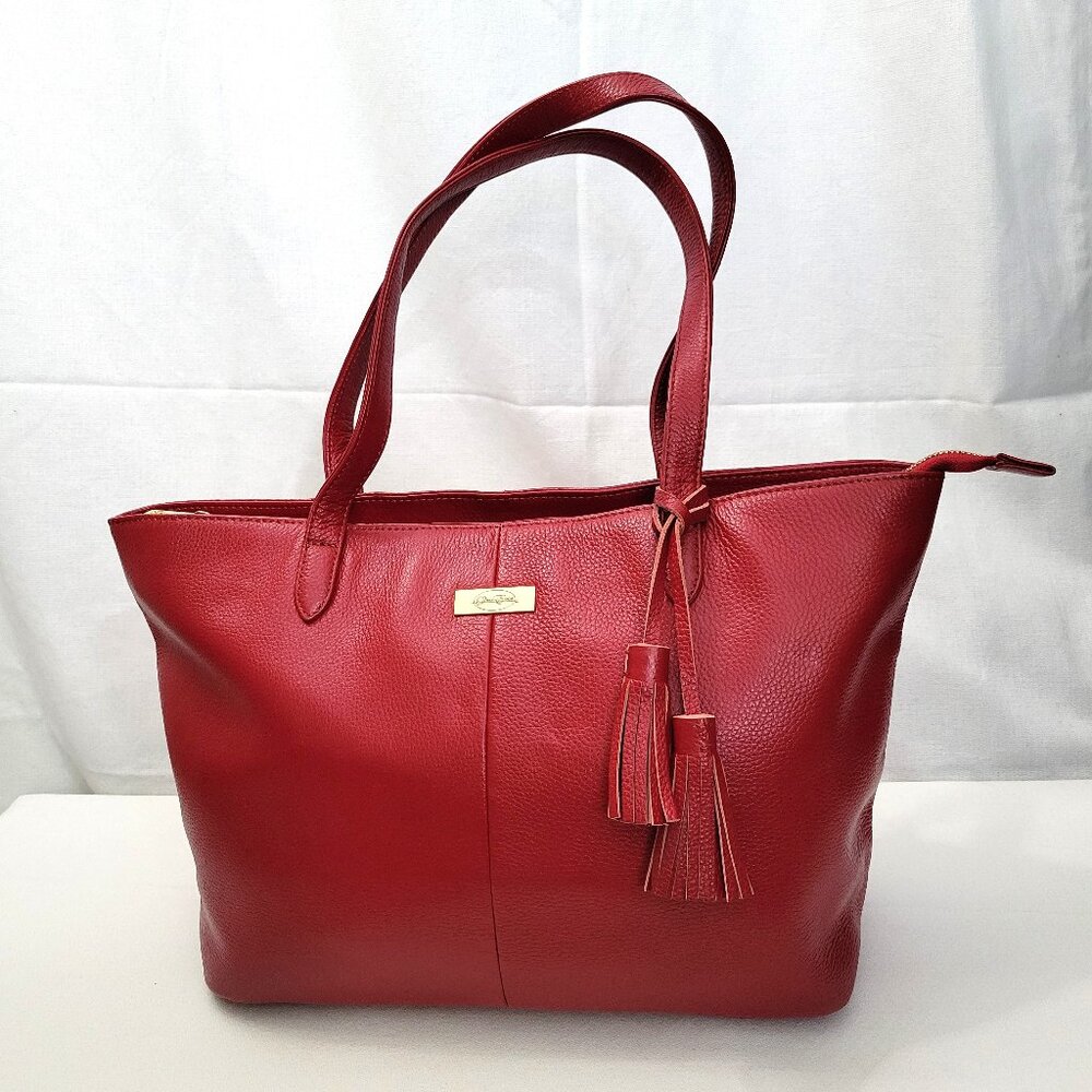 Onna Ehrlich Lulu Red Pebbled Leather Tote Handbag Bag Tassel Gold Hardware